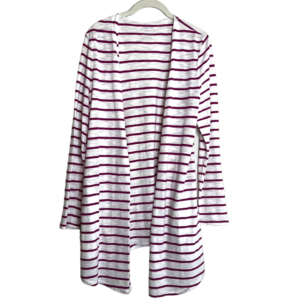 Chicos Womens The Ultimate Tee Open Front Cardigan Pink Striped Cotton Modal